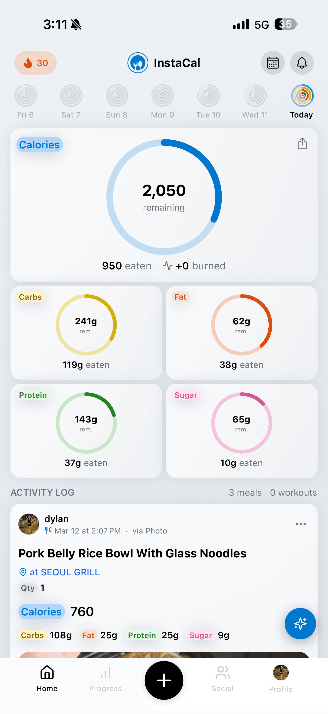 InstaCal app home screen